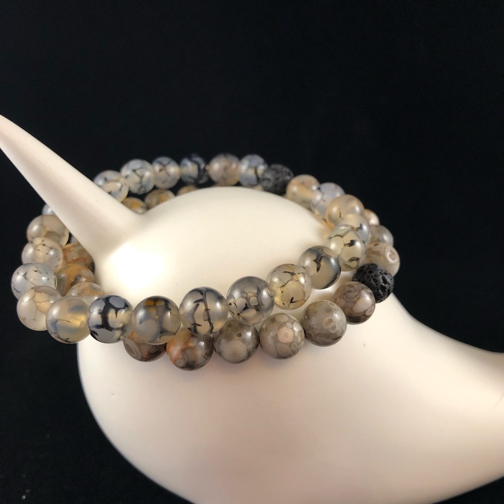 Pair of agate and jasper beaded bracelets